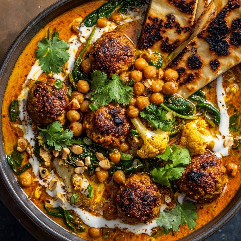 Cremiges Blumenkohl-Curry mit Kofta, serviert in einer Schüssel, mit knusprigen Kofta-Bällchen, Kichererbsen und Naan-Brot.