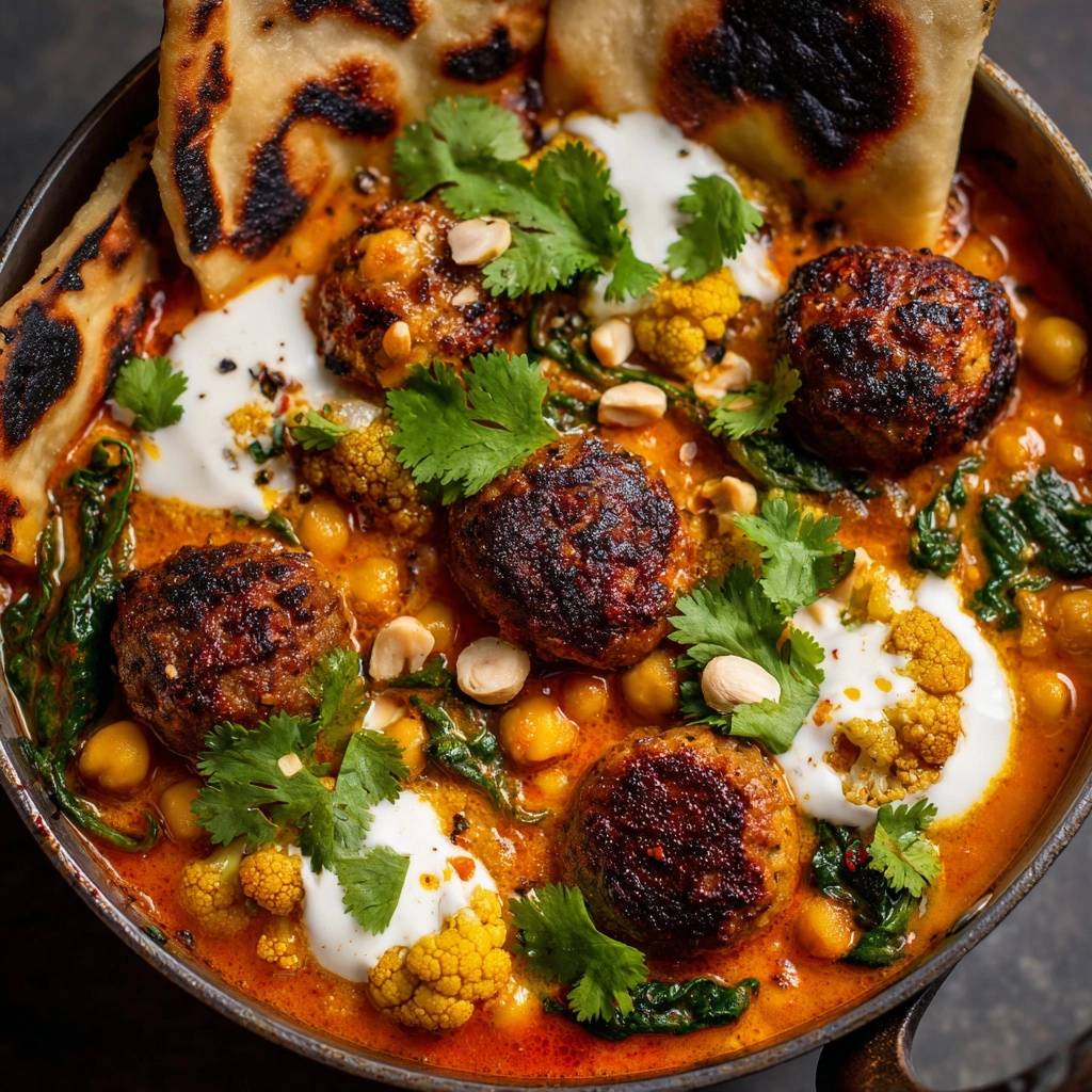 Cremiges Blumenkohl-Curry mit Kofta: Eine köstliche Draufsicht, garniert mit frischem Koriander und serviert mit Naanbrot.