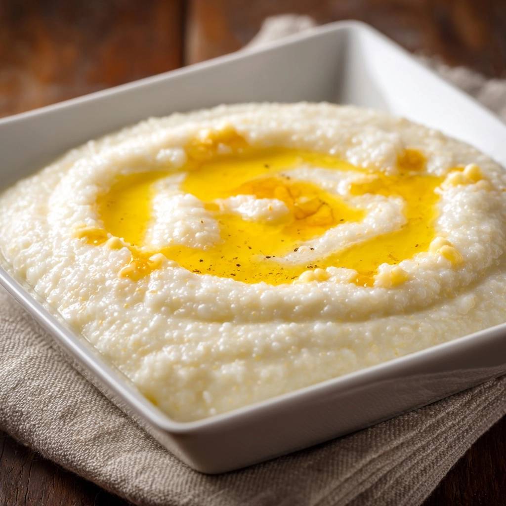 Cremiges Blumenkohl Puree Draufsicht Mit Butter 1 Cremiges Blumenkohl-Püree in einer quadratischen Schüssel, serviert mit flüssiger Butter und einer Draufsicht, bereit zum Genießen.