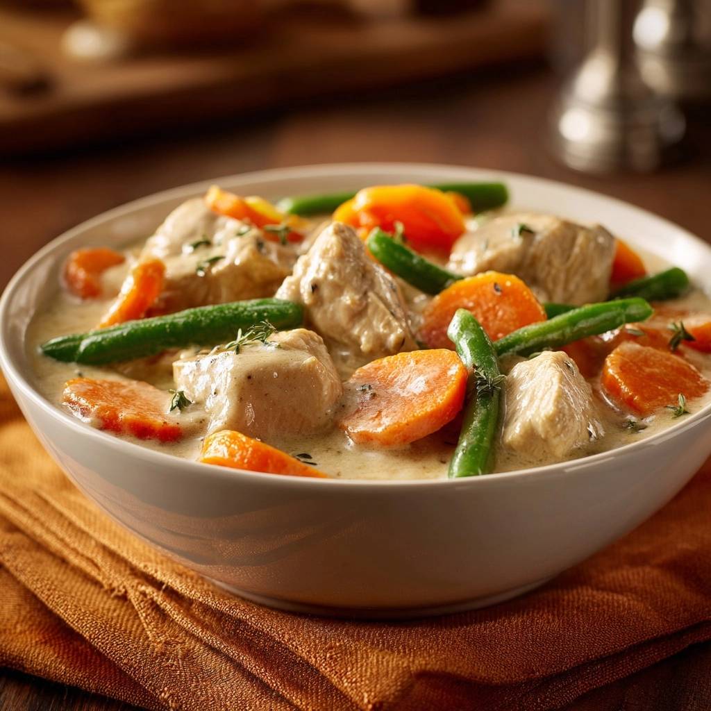 Cremiges Hähnchen-Geschnetzeltes mit Gemüse in Nahaufnahme: Die cremige Sauce umschließt zarte Hähnchenstücke, Karotten und grüne Bohnen.