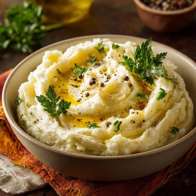 Cremiges Kartoffelpüree, garniert mit frischer Petersilie, Olivenöl und Pfeffer, präsentiert in einer rustikalen Schüssel von oben.