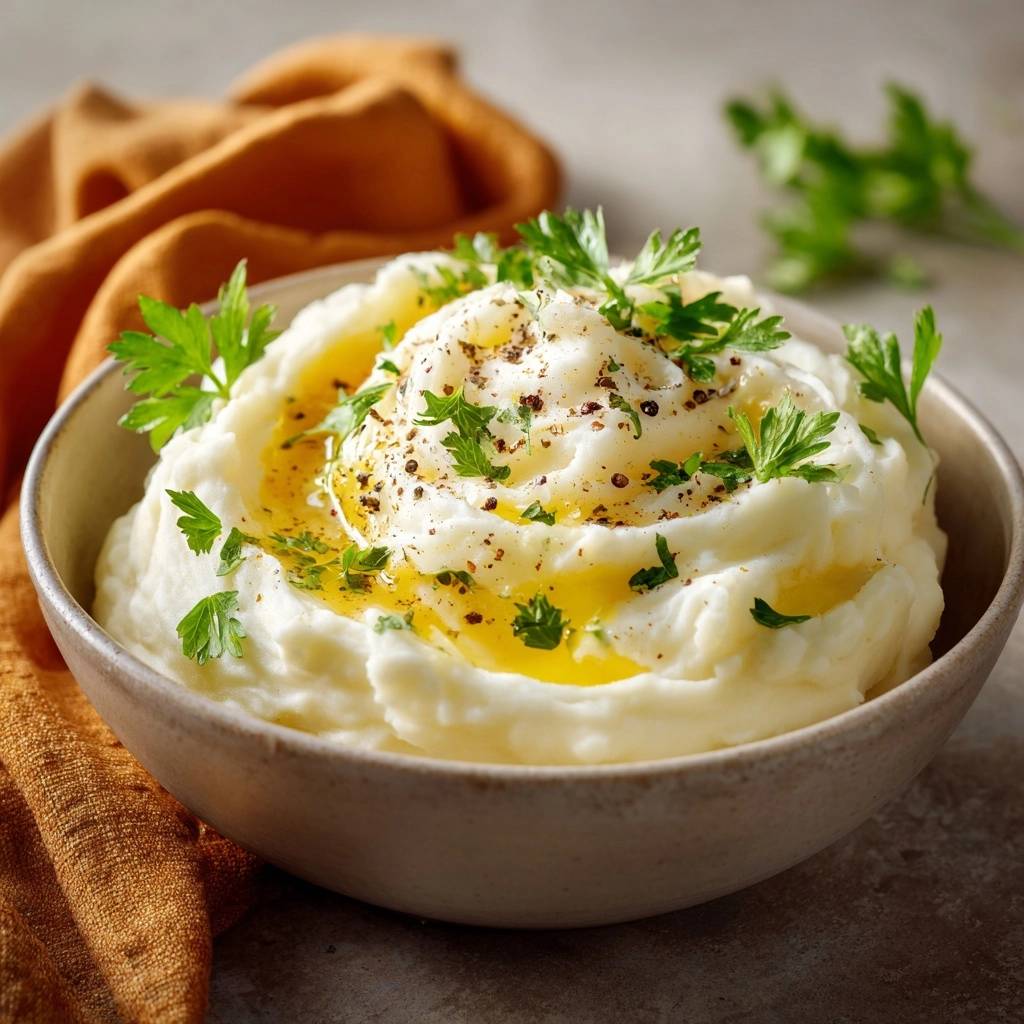 Cremiges Kartoffelpüree, verfeinert mit Olivenöl, frisch gehackten Kräutern und frisch gemahlenem Pfeffer, serviert in einer rustikalen Schale.