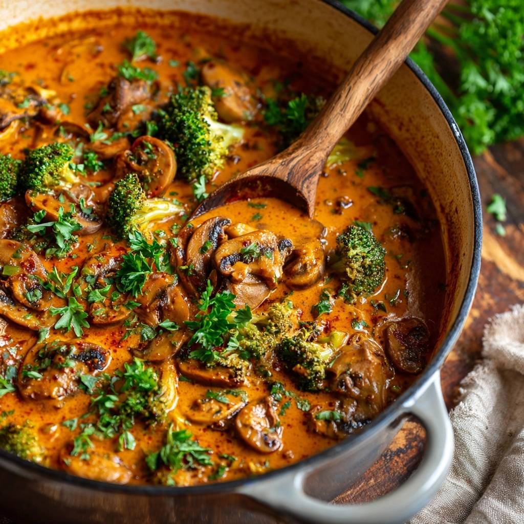 Cremiges Pilz-Brokkoli-Curry mit einem Holzkochlöffel, der eine Portion aus dem Topf schöpft.