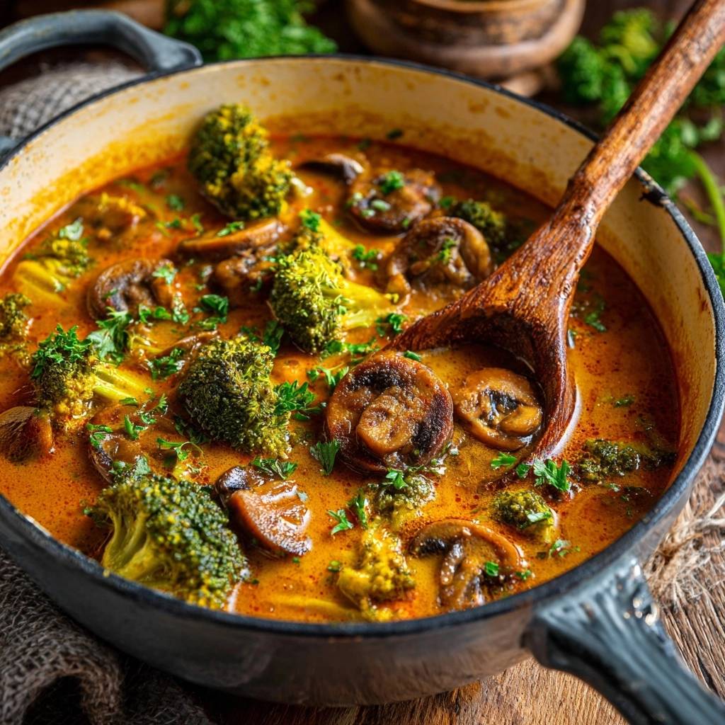 Cremiges Pilz Brokkoli Curry Nahaufnahme Mit Lffel 1 Cremiges Pilz-Brokkoli-Curry in Nahaufnahme, angerichtet in einer rustikalen Pfanne mit einem Holzlöffel. Das Curry ist mit frischem Gemüse garniert.