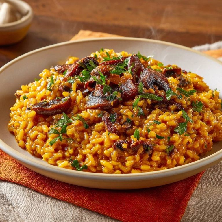 Cremiges Pilz-Risotto mit Safran, serviert in einer Schüssel, zeigt eine dampfende Draufsicht auf das cremige Reisgericht mit Pilzen.