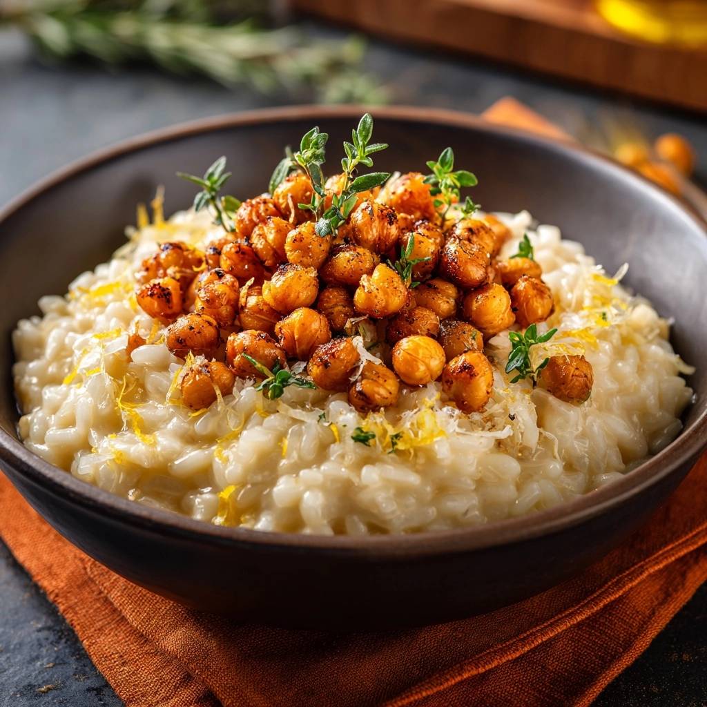 Cremiges Zitronen-Risotto mit Röst-Kichererbsen in einer dunklen Schüssel, garniert mit frischen Kräutern und Zitronenschale, von oben betrachtet.