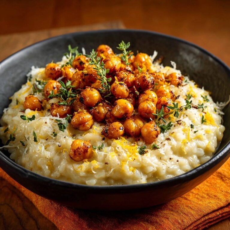 Cremiges Zitronen-Risotto mit Röst-Kichererbsen in einer schwarzen Schüssel, garniert mit frischem Thymian und Zitronenschale, von oben betrachtet.