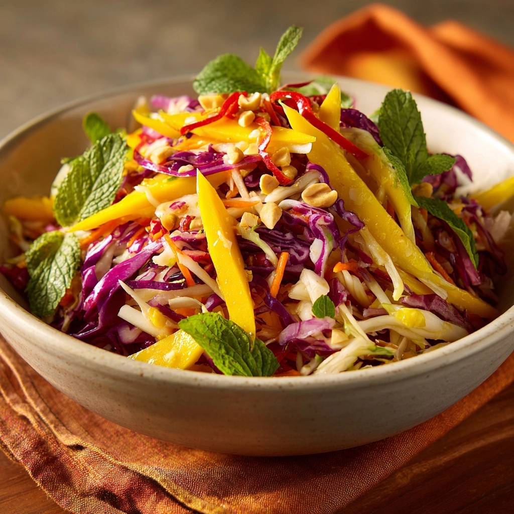 Exotischer Rotkohlsalat mit Mango, serviert in einer Schüssel, garniert mit frischer Minze und Erdnüssen, von oben fotografiert.