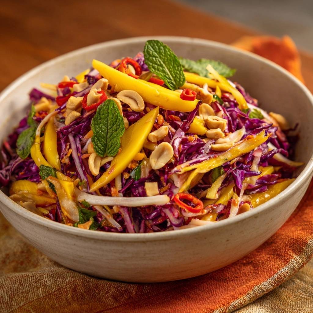Exotischer Rotkohlsalat mit Mango, serviert in einer rustikalen Schüssel, garniert mit frischer Minze und Erdnüssen, von oben fotografiert.