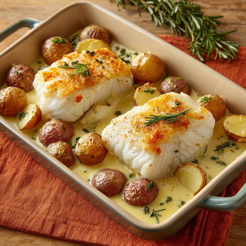 Gebackenes Kabeljaufilet mit Röstkartoffeln in einer Auflaufform, von oben fotografiert. Der Fisch ist goldbraun gebacken und wird von kleinen Kartoffeln umgeben.