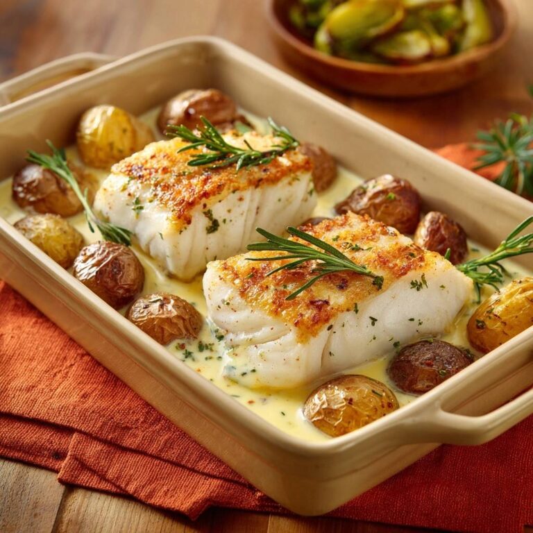 Gebackenes Kabeljaufilet mit Röstkartoffeln serviert in einer Auflaufform. Das Gericht wird mit Rosmarinzweigen garniert und mit einer cremigen Sauce serviert.