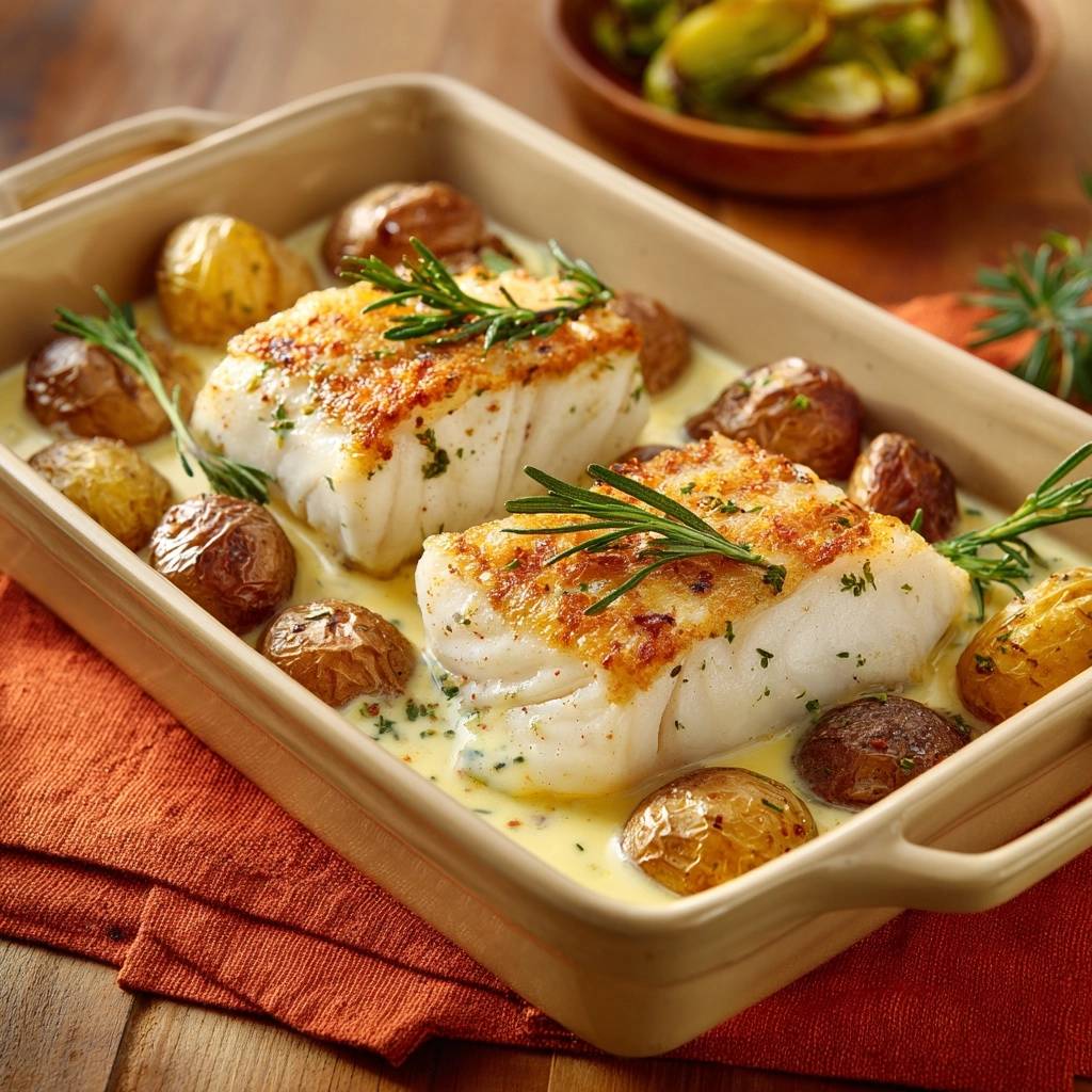 Gebackenes Kabeljaufilet mit Röstkartoffeln serviert in einer Auflaufform. Das Gericht wird mit Rosmarinzweigen garniert und mit einer cremigen Sauce serviert.