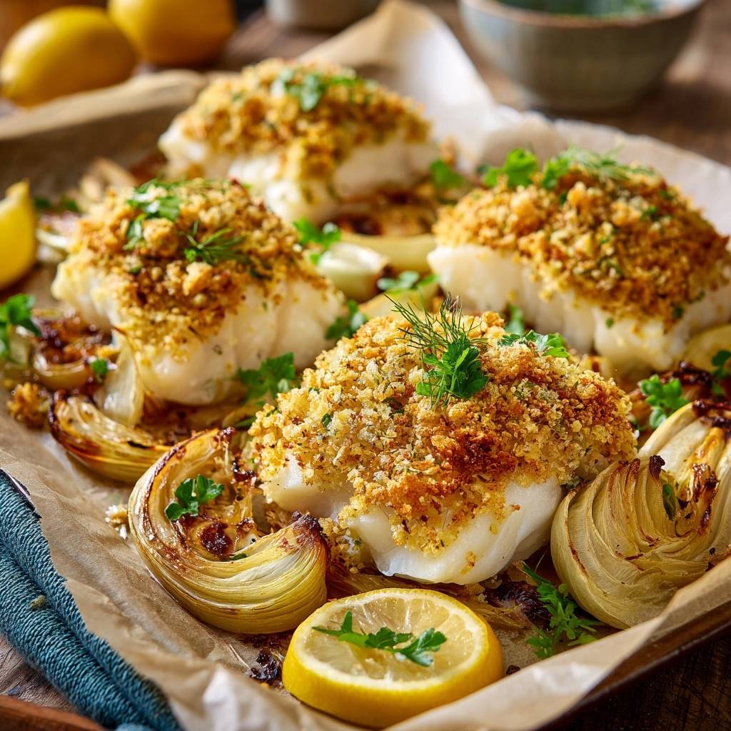 Gebackenes Kabeljaufilet mit Zitronen-Kruste in einer köstlichen Draufsicht, serviert mit gebratenem Fenchel und frischen Zitronenscheiben.