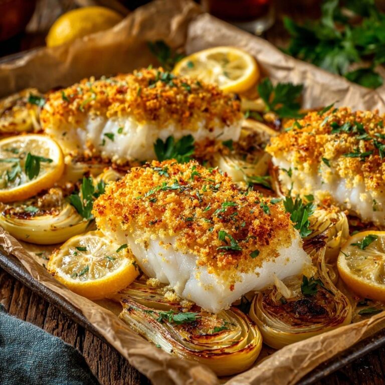 Gebackenes Kabeljaufilet mit Zitronen-Kruste in einer Draufsicht, serviert mit Zitronenscheiben und knusprigem Fenchel, fertig zum Genießen.