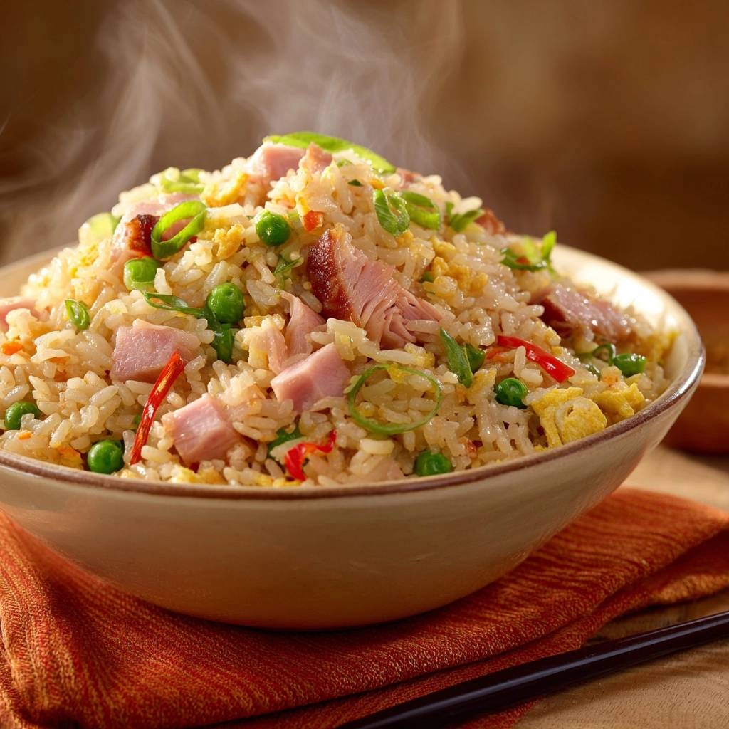 Gebratener Reis mit knusprigem Schweinebauch-Bacon in einer Nahaufnahme, dampfend heiß serviert. Der Reis ist mit Ham, Erbsen und Frühlingszwiebeln garniert.