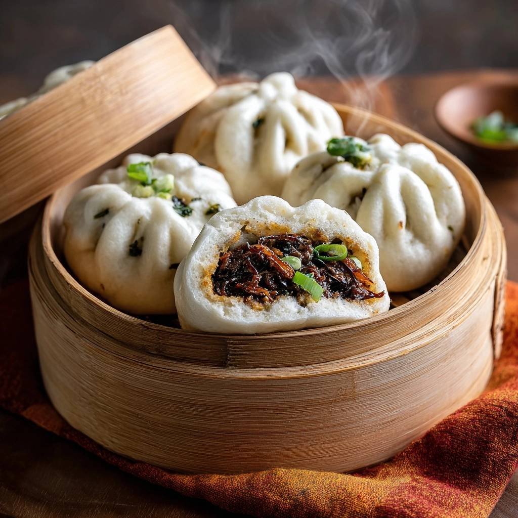 Gedämpfte Bao Buns mit würziger Rindfleischfüllung im Querschnitt, die eine köstliche, herzhafte Füllung zeigt, die mit frischem Schnittlauch garniert ist.