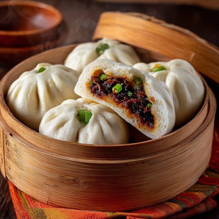 Gedämpfte Bao Buns mit würziger Rindfleischfüllung im Querschnitt, die eine köstliche, herzhafte Füllung zeigt.