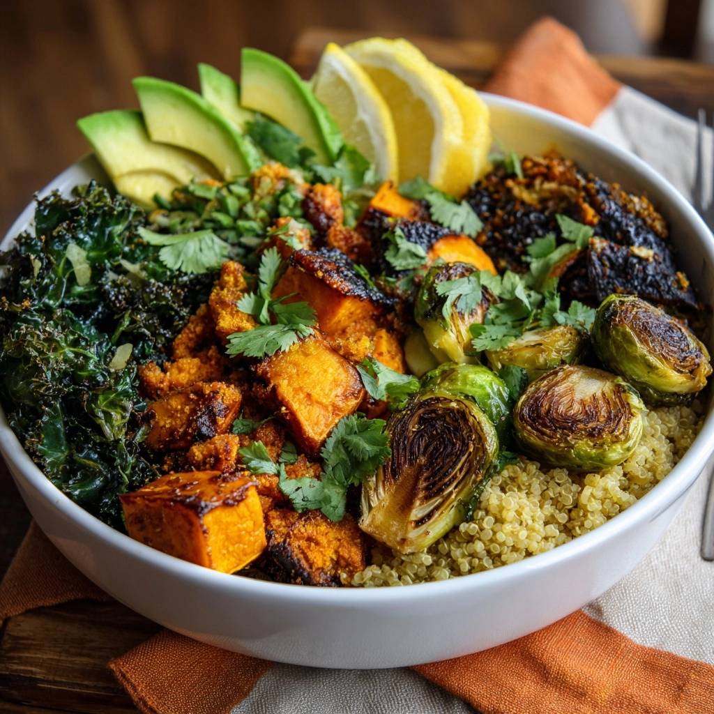 Geroestete Quinoa-Bowl mit Süßkartoffeln und Rosenkohl, serviert in einer weißen Schüssel, draufsicht mit Avocado und Zitronenscheiben.