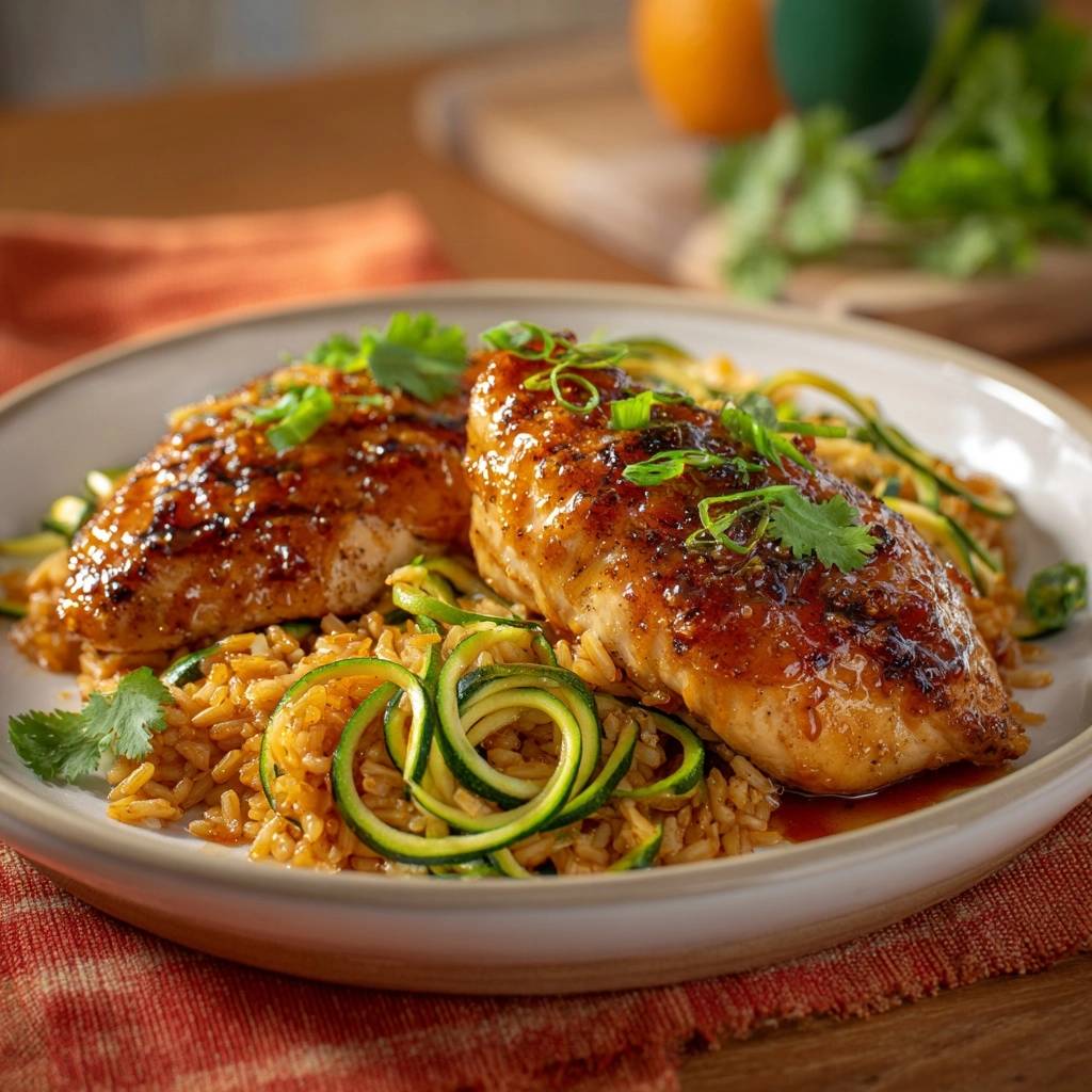 Glasierte Hähnchenbrust auf Zucchini-Reis serviert auf einem Teller, garniert mit frischen Kräutern und Zucchinispaghetti. Ein köstliches und schnelles Abendessen.