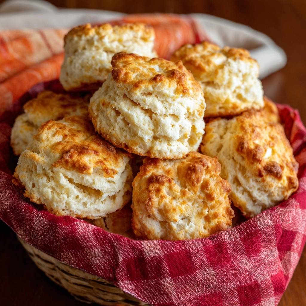 Goldbraune Buttermilch-Biscuits liegen in einem rustikalen Korb mit rotem Karomuster, frisch gebacken und perfekt aufgegangen.