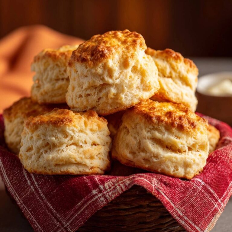 Goldbraune Buttermilch-Biscuits in einer Nahaufnahme, gestapelt in einem Korb mit rot-weiß kariertem Stoff. Die knusprige Oberfläche ist perfekt gebacken.