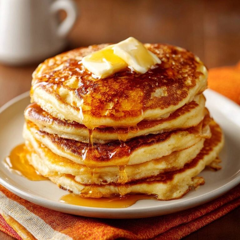 Goldbraune Buttermilch-Pancakes in Nahaufnahme mit fließendem Ahornsirup und einem Stück Butter, serviert auf einem weißen Teller.