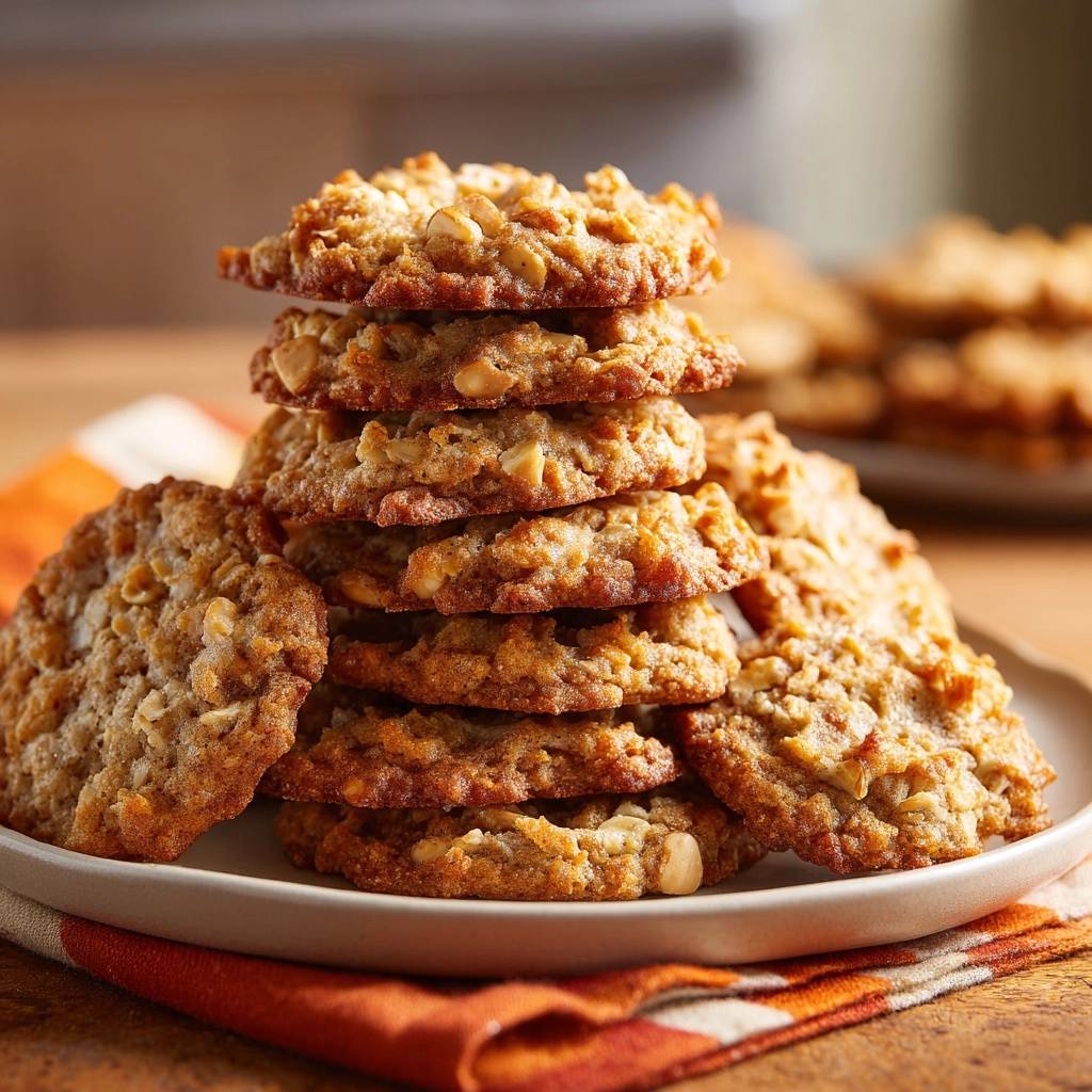 Goldbraune Haferflocken-Cookies in einem Stapel, serviert auf einem weißen Teller, der auf einem orangefarbenen Küchentuch steht.