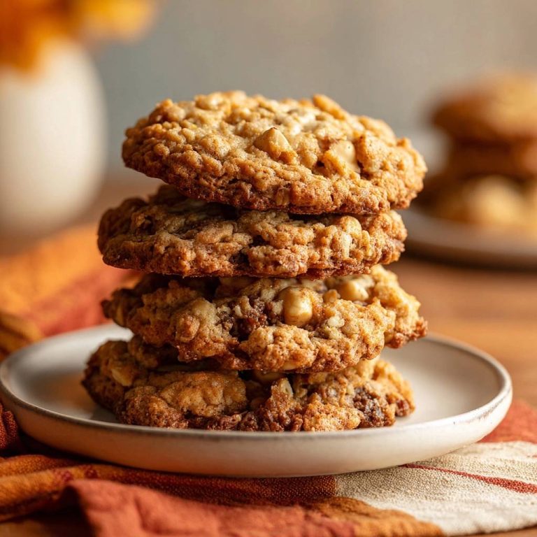 Goldbraune Haferflocken-Cookies in einem Stapel serviert, mit knuspriger Textur und leicht sichtbaren Haferflocken auf einem Teller.