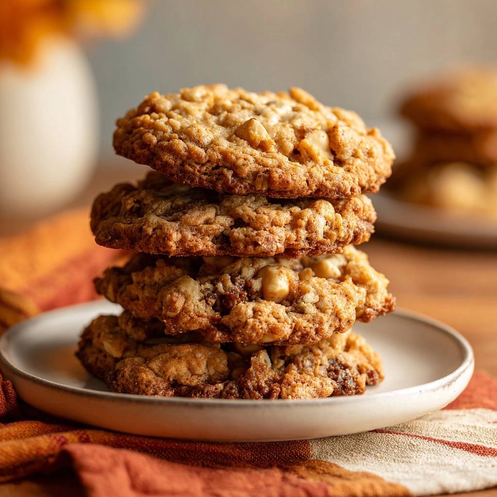 Goldbraune Haferflocken-Cookies in einem Stapel serviert, mit knuspriger Textur und leicht sichtbaren Haferflocken auf einem Teller.