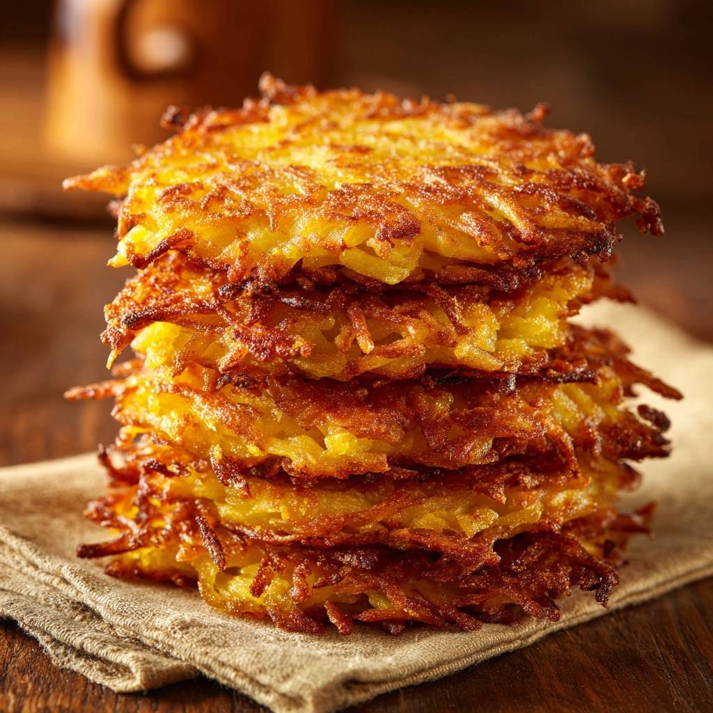 Goldbraune Kartoffelpuffer in einem hohen Stapel serviert, mit goldbraunen, frittierten Rändern und einer köstlichen Textur.