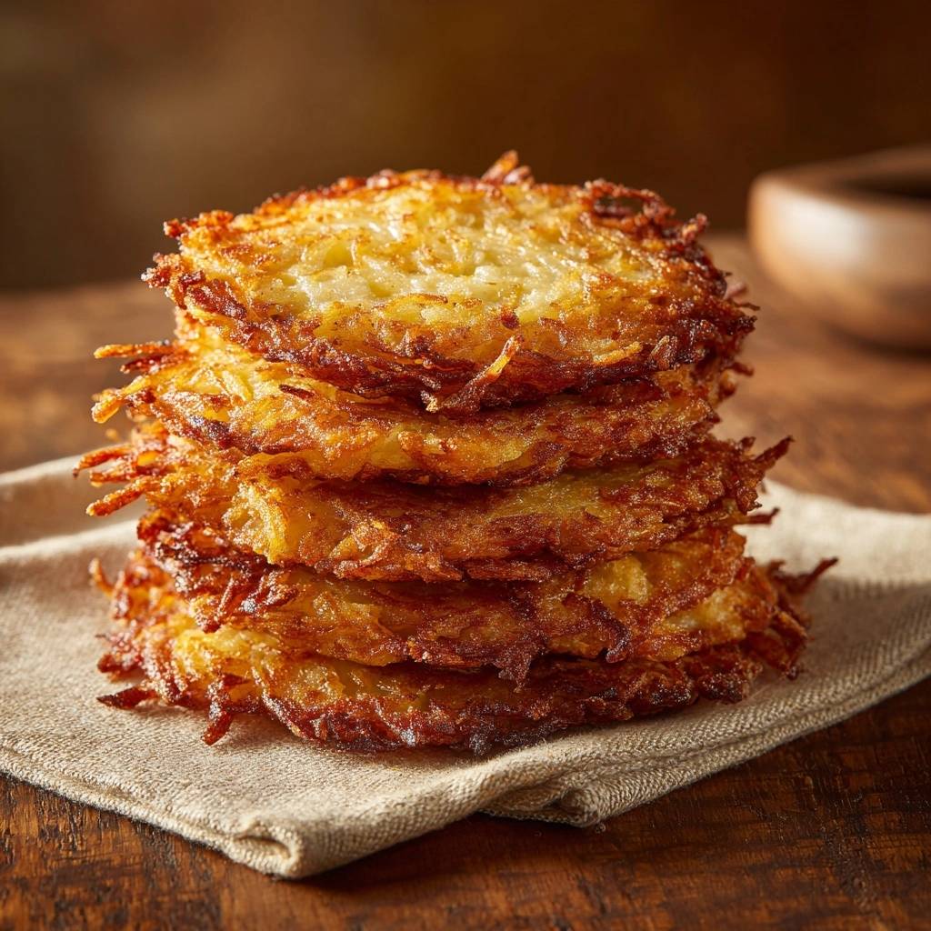 Goldbraune Kartoffelpuffer in einem hohen Stapel serviert, mit goldbrauner Kruste und knusprigen Rändern.