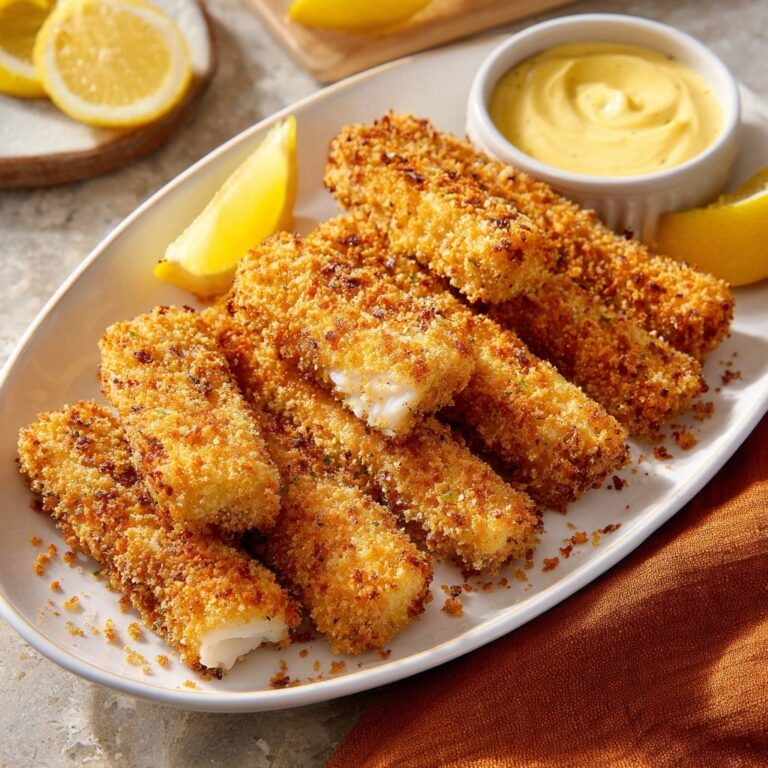 Goldbraune Knusper-Fischstäbchen mit goldgelber Panade, serviert auf einem weißen Teller, enthüllen einen saftigen Fisch-Querschnitt.