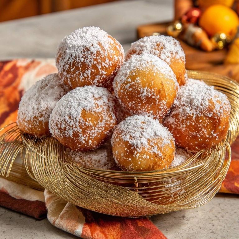 Goldbraune Quarkbällchen in einer goldenen Schale, von oben betrachtet, üppig mit Puderzucker bestäubt. Die fluffigen Quarkbällchen sind außen knusprig.