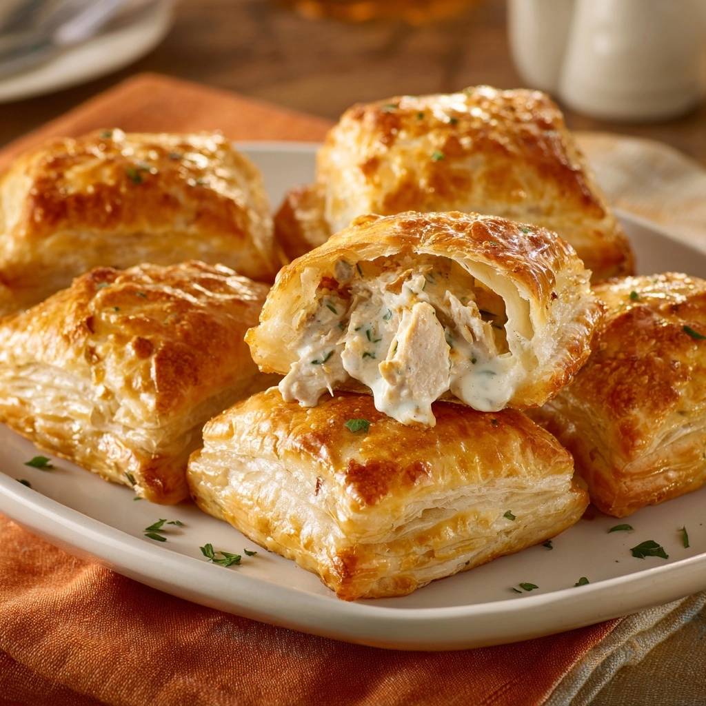 Goldene Hahnchen Frischkase Taschen Querschnitt 1 Goldene Hähnchen-Frischkäse-Taschen zeigen einen appetitlichen Querschnitt. Der cremige Frischkäse-Kern mit Hähnchenstücken ist deutlich sichtbar.