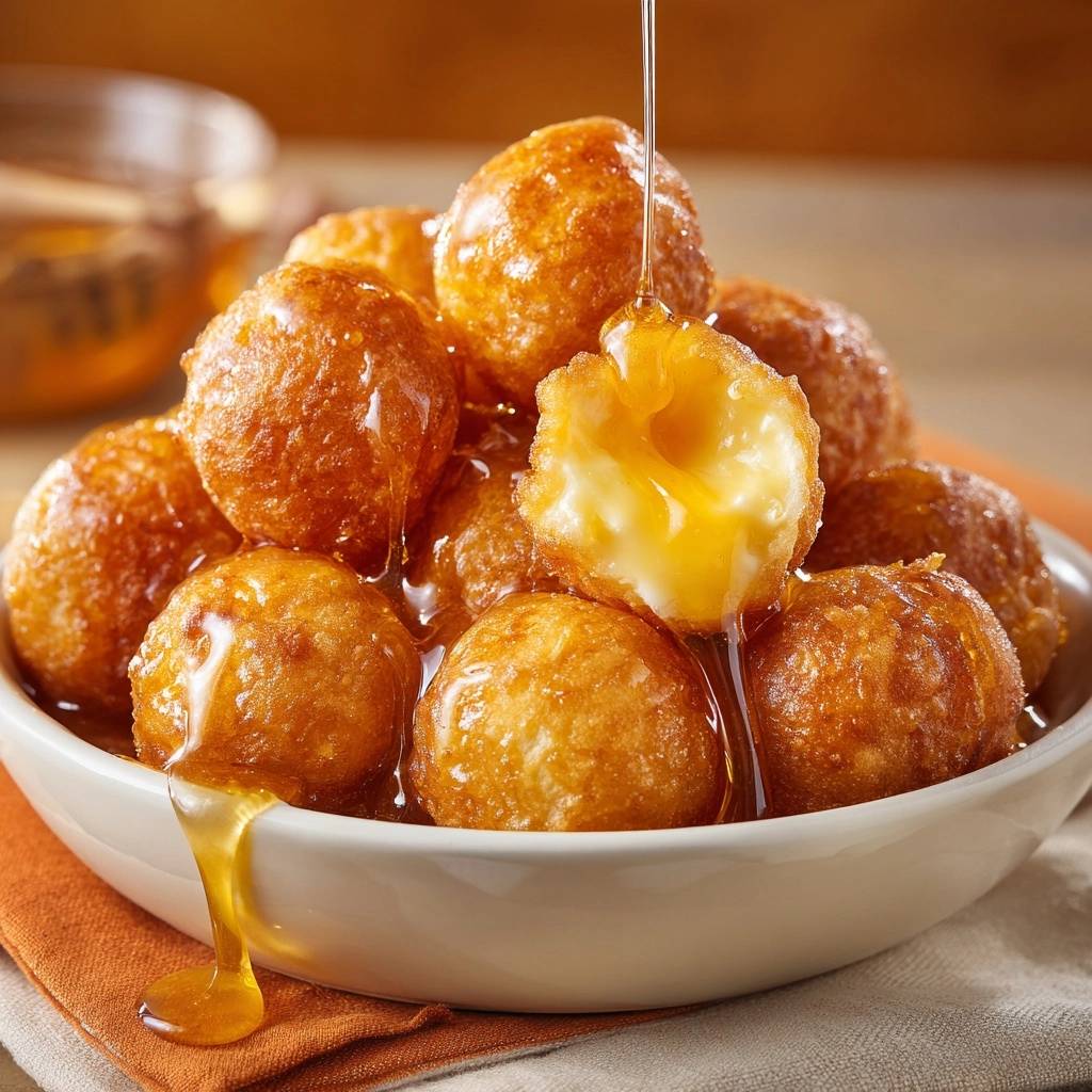 Goldene Honig-Teigbällchen mit flüssigem Kern im Nahaufnahme. Ein Teigbällchen ist angeschnitten, um den cremig-flüssigen Kern zu zeigen.