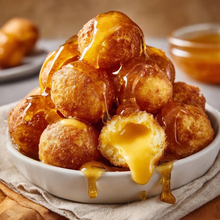 Goldene Honig-Teigbällchen mit flüssigem Kern im Nahaufnahme: Ein Teigbällchen wurde angeschnitten, um den cremig-flüssigen Kern zu zeigen.