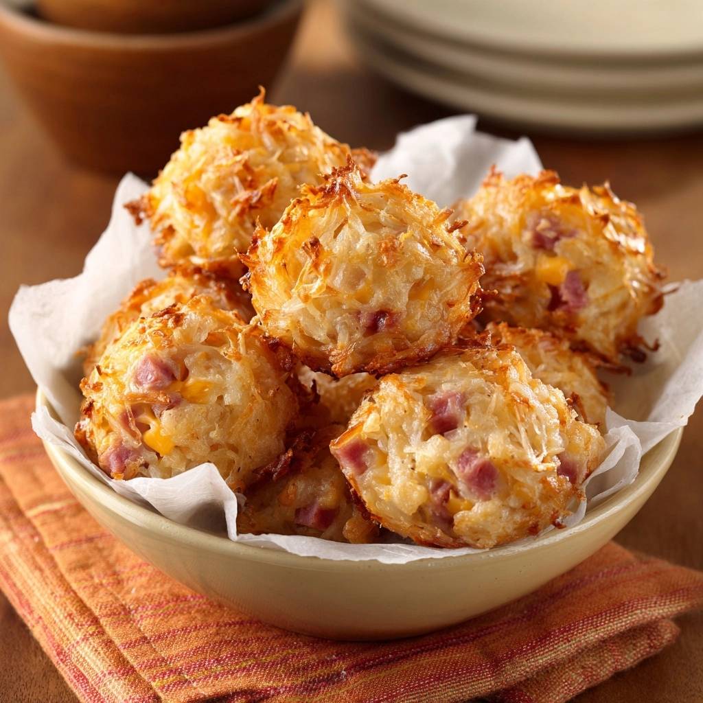Goldene Kartoffel-Schinken-Bällchen in einer Nahaufnahme, die die knusprige Textur und die Zutaten wie Schinken und Käse zeigt.