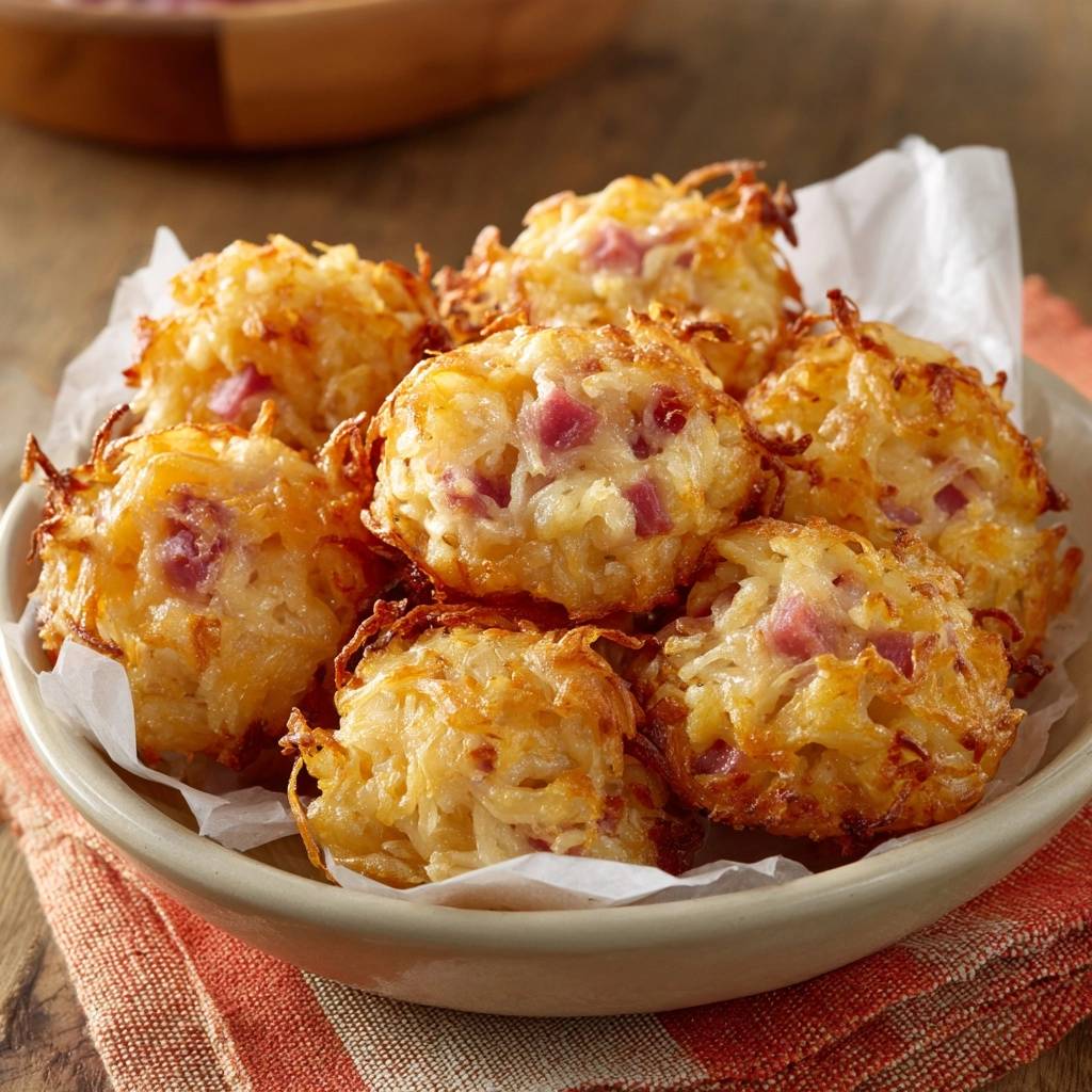 Goldene Kartoffel-Schinken-Bällchen in Nahaufnahme: Die knusprige Textur der goldbraunen Kartoffeln und die saftigen Schinkenstücke sind deutlich zu sehen.