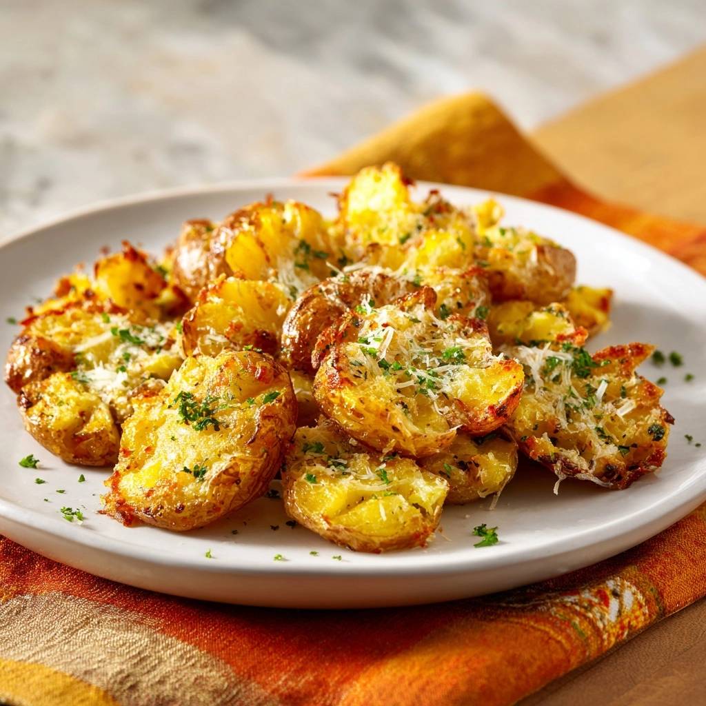 Goldene Quetschkartoffeln mit Parmesan, serviert auf einem weißen Teller, garniert mit frischer Petersilie und geriebenem Parmesan.