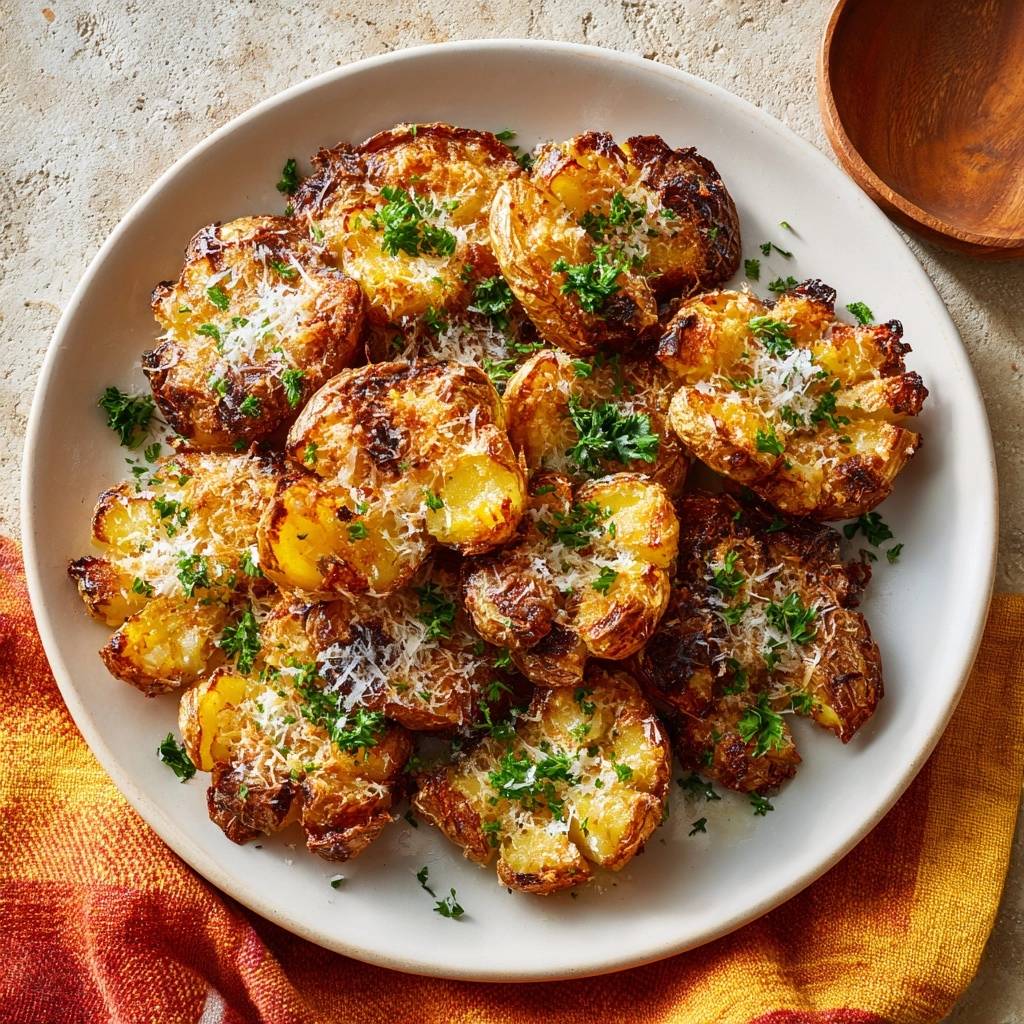 Goldene Quetschkartoffeln mit Parmesan, von oben betrachtet. Die knusprigen Kartoffeln sind mit Parmesan und frischer Petersilie garniert.