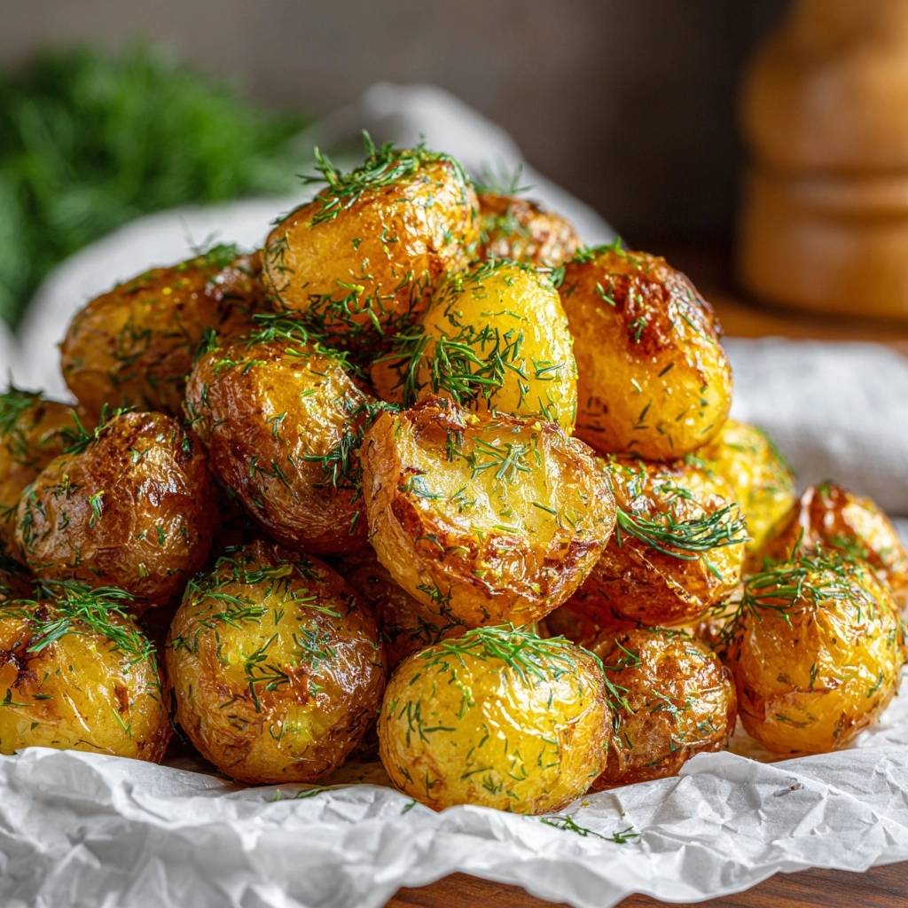Goldene Röstkartoffeln mit frischem Dill in Nahaufnahme, reichlich garniert mit frischen Dillspitzen, auf einem weißen Papiertuch serviert.