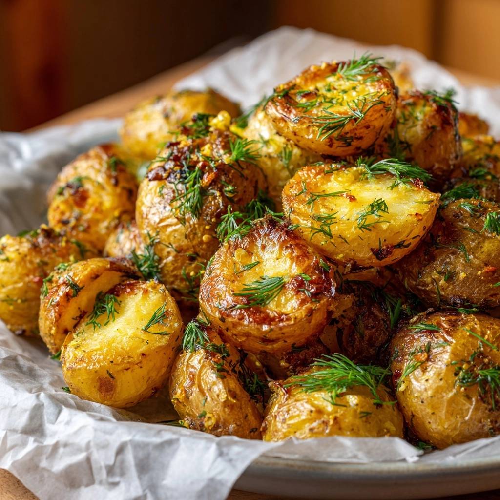 Goldene Röstkartoffeln mit frischem Dill, von oben fotografiert, zeigen die knusprige Oberfläche und die frische Kräutergarnitur.