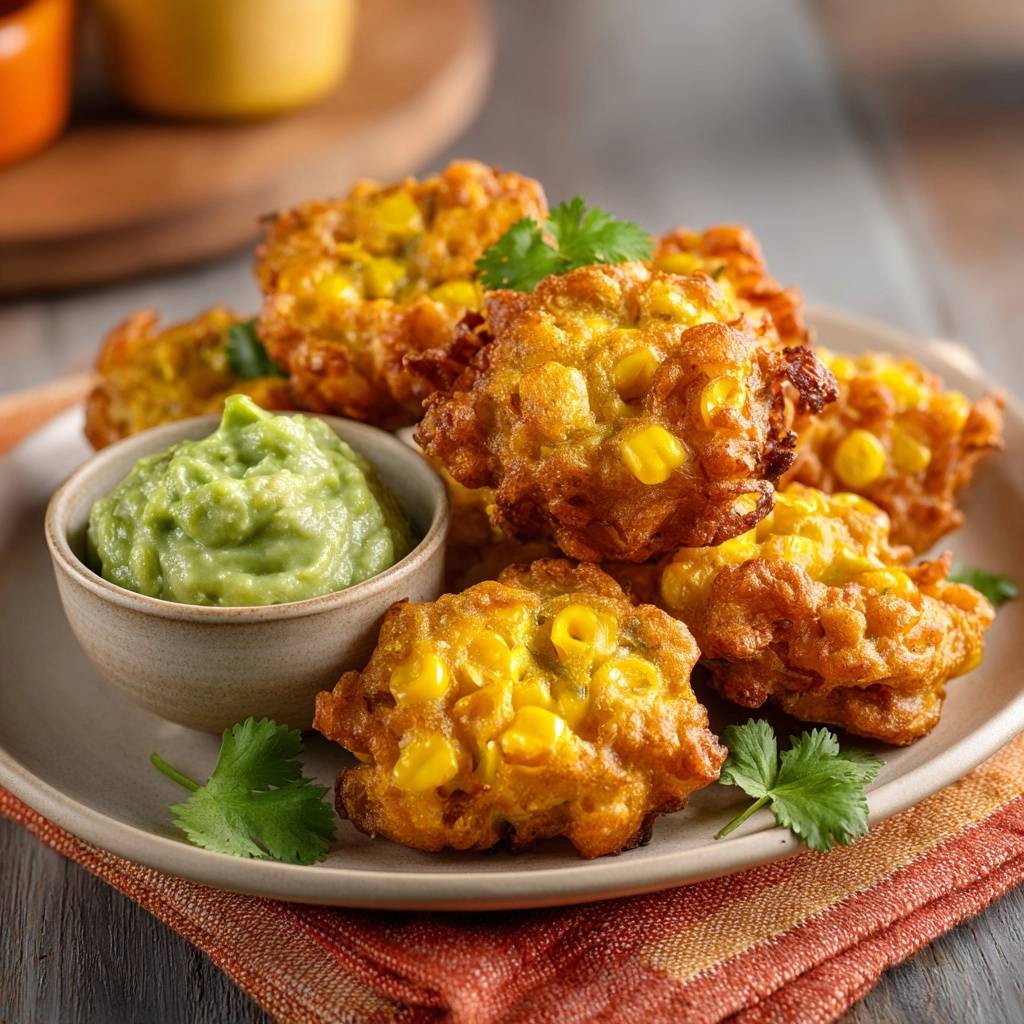 Goldgelbe Maispuffer mit Avocado-Dip, serviert auf einem Teller, daneben eine Schüssel mit cremigem Avocado-Dip und frischen Kräutern.