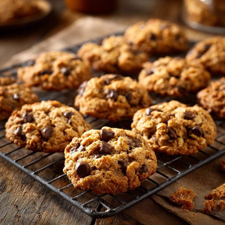Haferflocken-Schoko-Cookies liegen auf einem schwarzen Kühlgitter, frisch gebacken und bereit zum Genießen. Die knusprigen Cookies sind mit Schokoladenstückchen verziert.