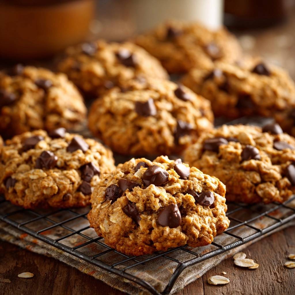 Haferflocken-Schoko-Cookies liegen auf einem schwarzen Kühlgitter, frisch aus dem Ofen und bereit zum Abkühlen auf dem rustikalen Holztisch.