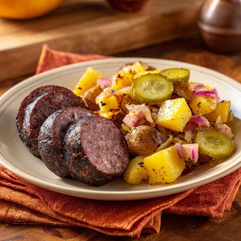 Herzhafte Bauernpfanne mit Rinder-Blutwurst und krossen Kartoffeln, serviert mit geschnittenen Blutwurstscheiben und Kartoffelsalat.