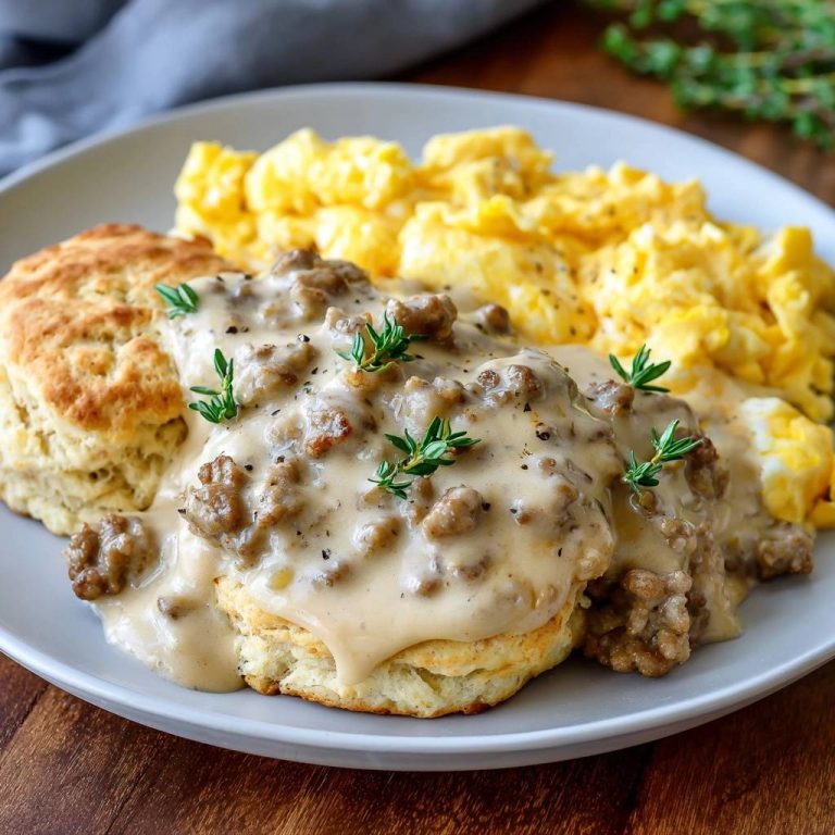 Herzhafte Biscuits mit Sausage Gravy und Rührei serviert auf einem hellen Teller, garniert mit frischen Kräutern, köstliches Frühstück.