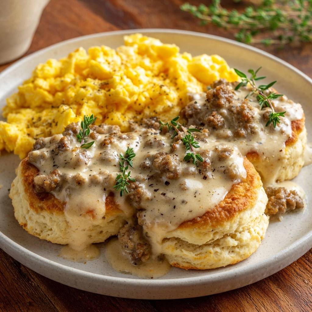 Herzhafte Biscuits mit Sausage Gravy und Rührei, serviert auf einem Teller. Köstliche Biscuits mit cremiger Sauce und fluffigem Rührei.