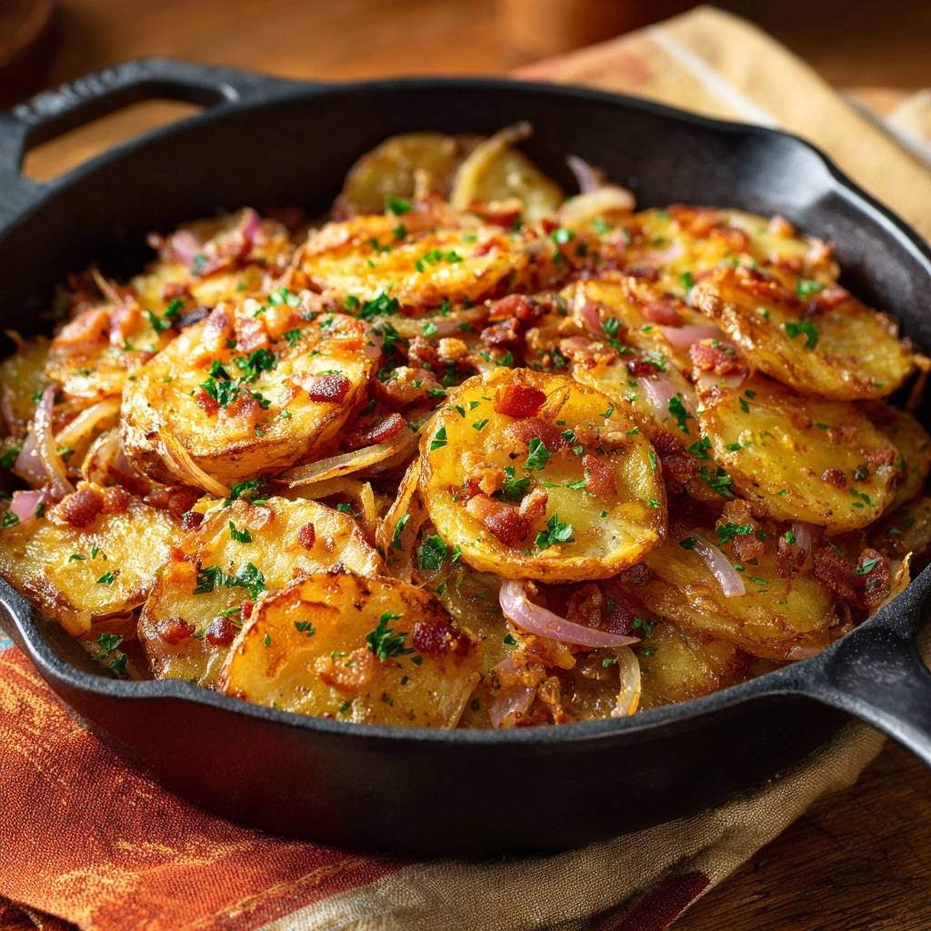 Herzhafte Bratkartoffeln Mit Speck Und Zwiebeln Draufsicht 1 Herzhafte Bratkartoffeln mit Speck und Zwiebeln in einer gusseisernen Pfanne, garniert mit frischer Petersilie und knusprigem Speck.