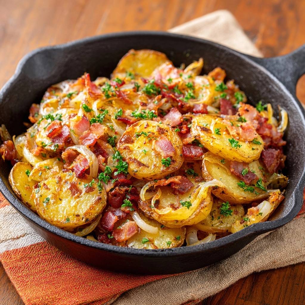 Herzhafte Bratkartoffeln mit Speck und Zwiebeln in der Pfanne von oben, serviert mit frischer Petersilie und knusprigem Speck. Ein herzhaftes Gericht zum Genießen.